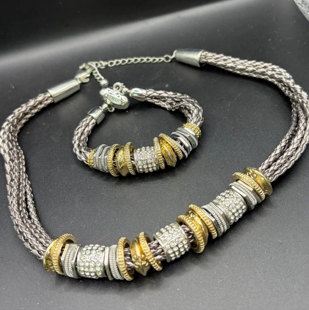 Chico's Necklace & Bracelet Set - Gold & Silver With Rhinestone - Braided
